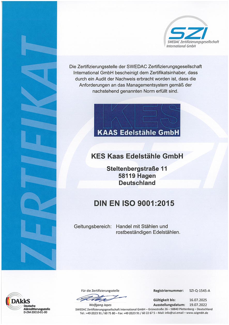 SZI-Q-1545-A Zertifikat-9001-2015-KES-Kaas-Edelstaehle