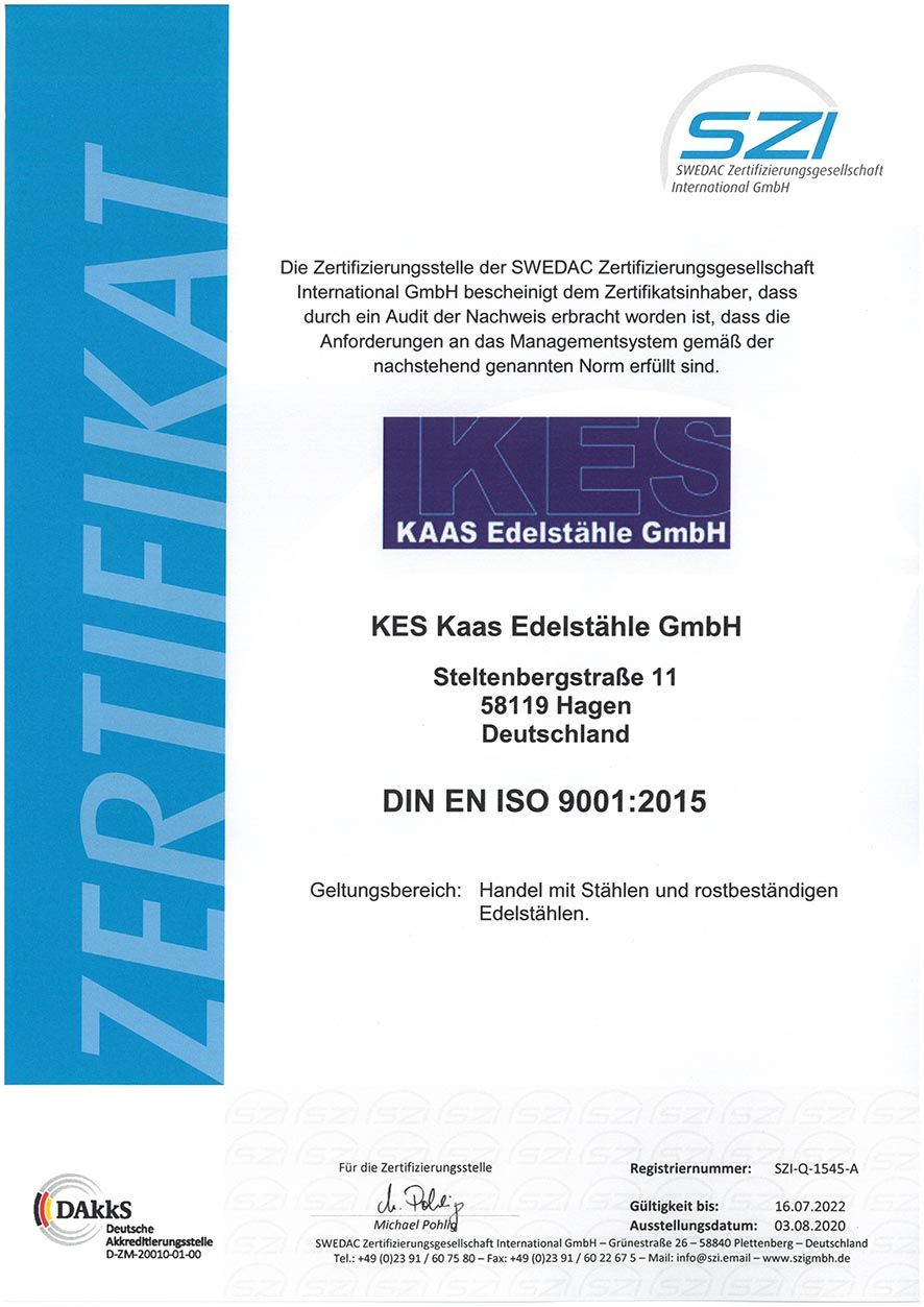 SZI-Q-1545-A Zertifikat-9001-2015-KES-Kaas-Edelstaehle
